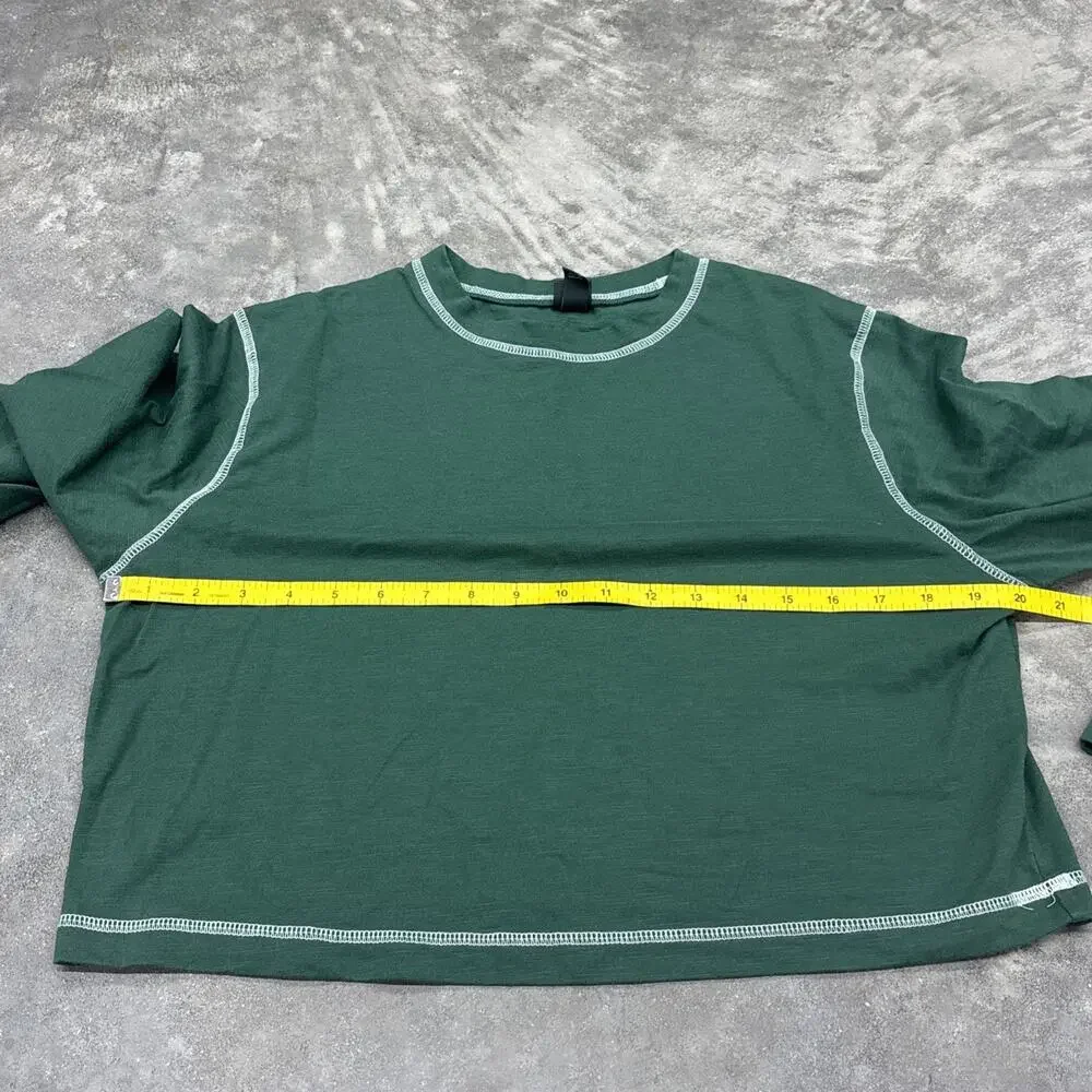 Wild Fable Long Sleeve Cropped Loose Relaxed Fix Green Shirt White Stitching - Picture 7 of 8